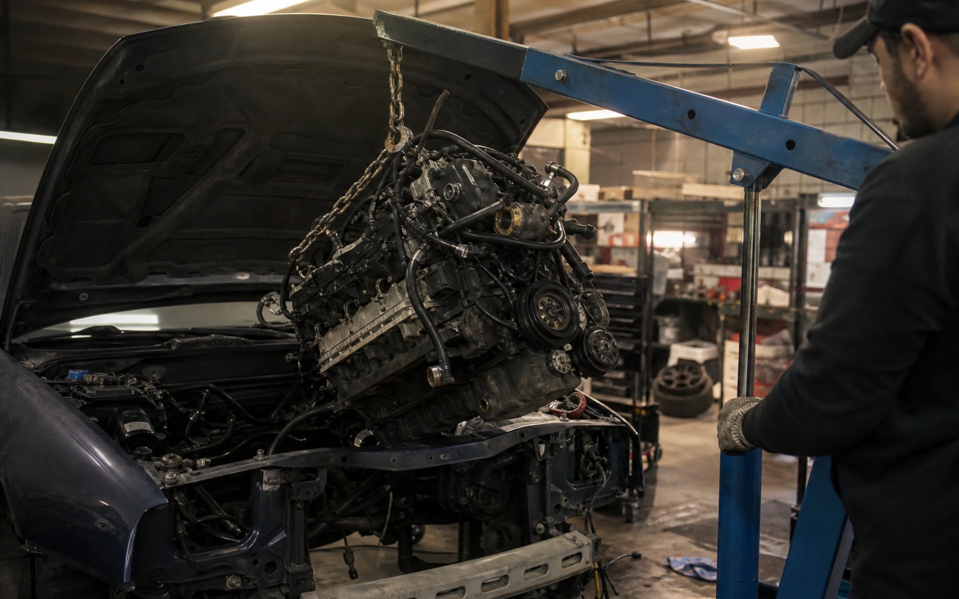 Engine hoisted out of a car in the MotorDoc bay for a full rebuild