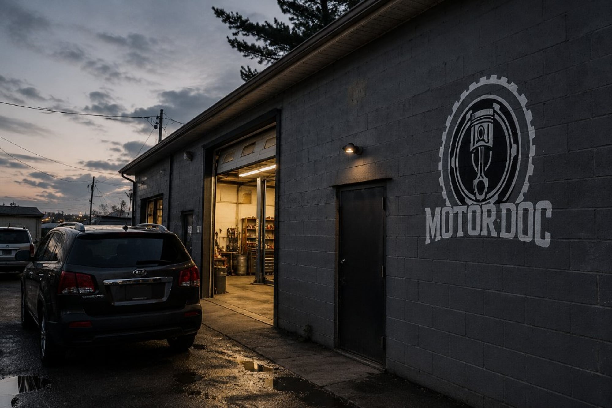 MotorDoc shop exterior at dusk with the MOTOR DOC wall mark and open bay